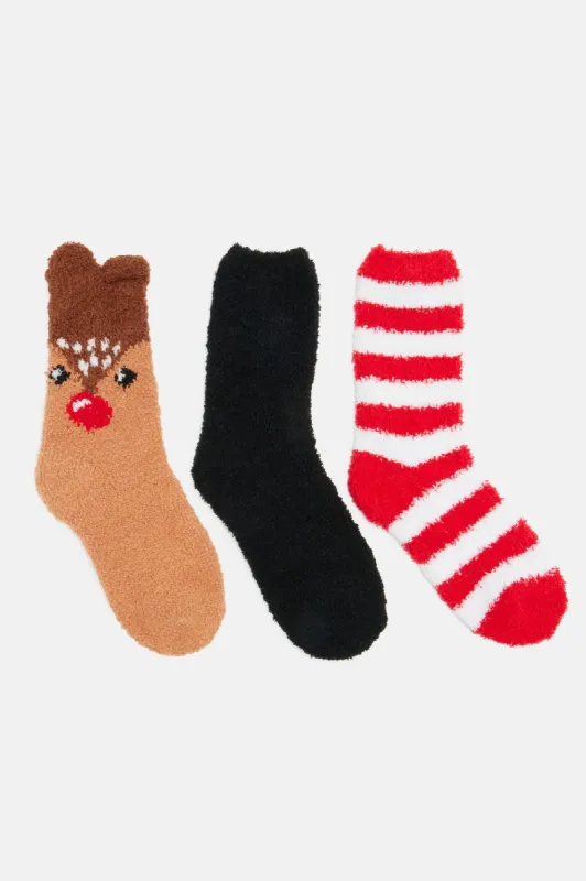 Rudolph 3 Pack Cozy Socks - Multi Color sold by Fashion Nova