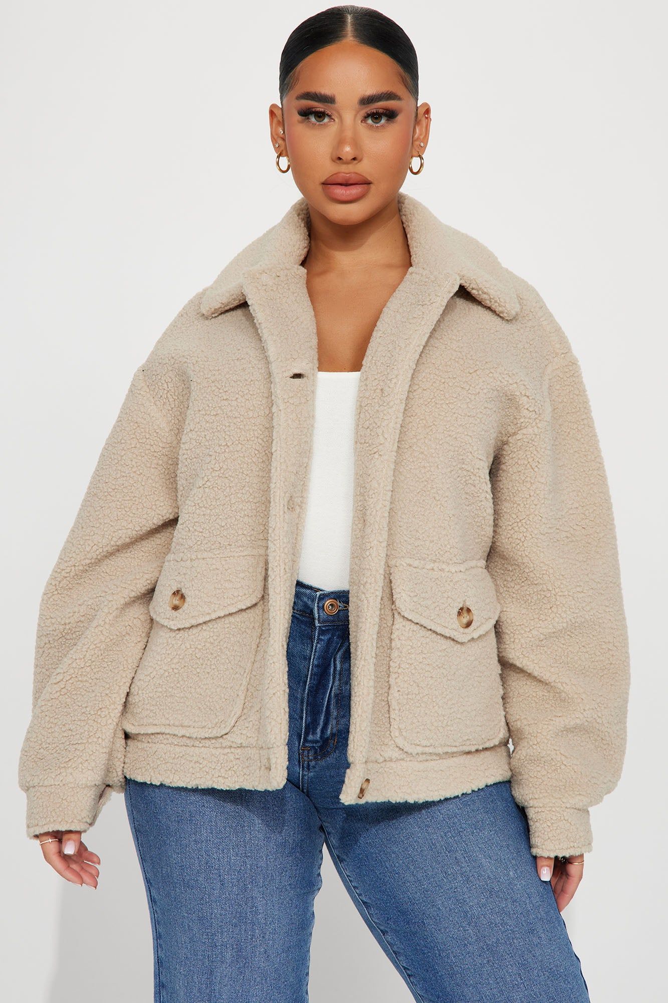 I Love Cuddles Sherpa Shacket - Taupe sold by Fashion Nova