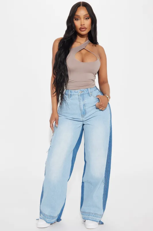 Mixed Feelings Two Tone Baggy Jeans - Light Wash sold by Fashion Nova