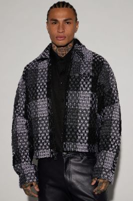 Beverly Tweed Cropped Chore Jacket - Grey/combo sold by Fashion Nova