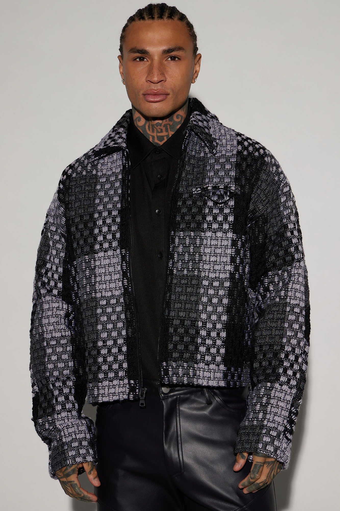 Beverly Tweed Cropped Chore Jacket - Grey/combo sold by Fashion Nova