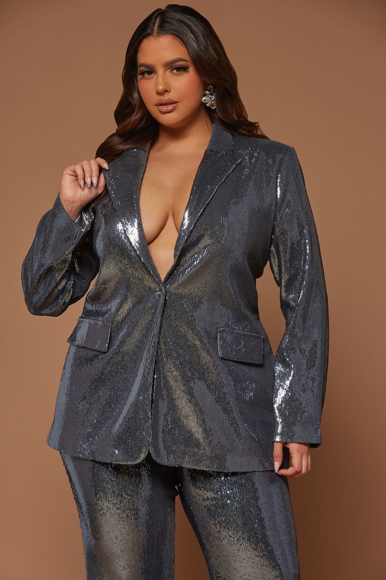 Daphne Sequin Blazer - Charcoal sold by Fashion Nova