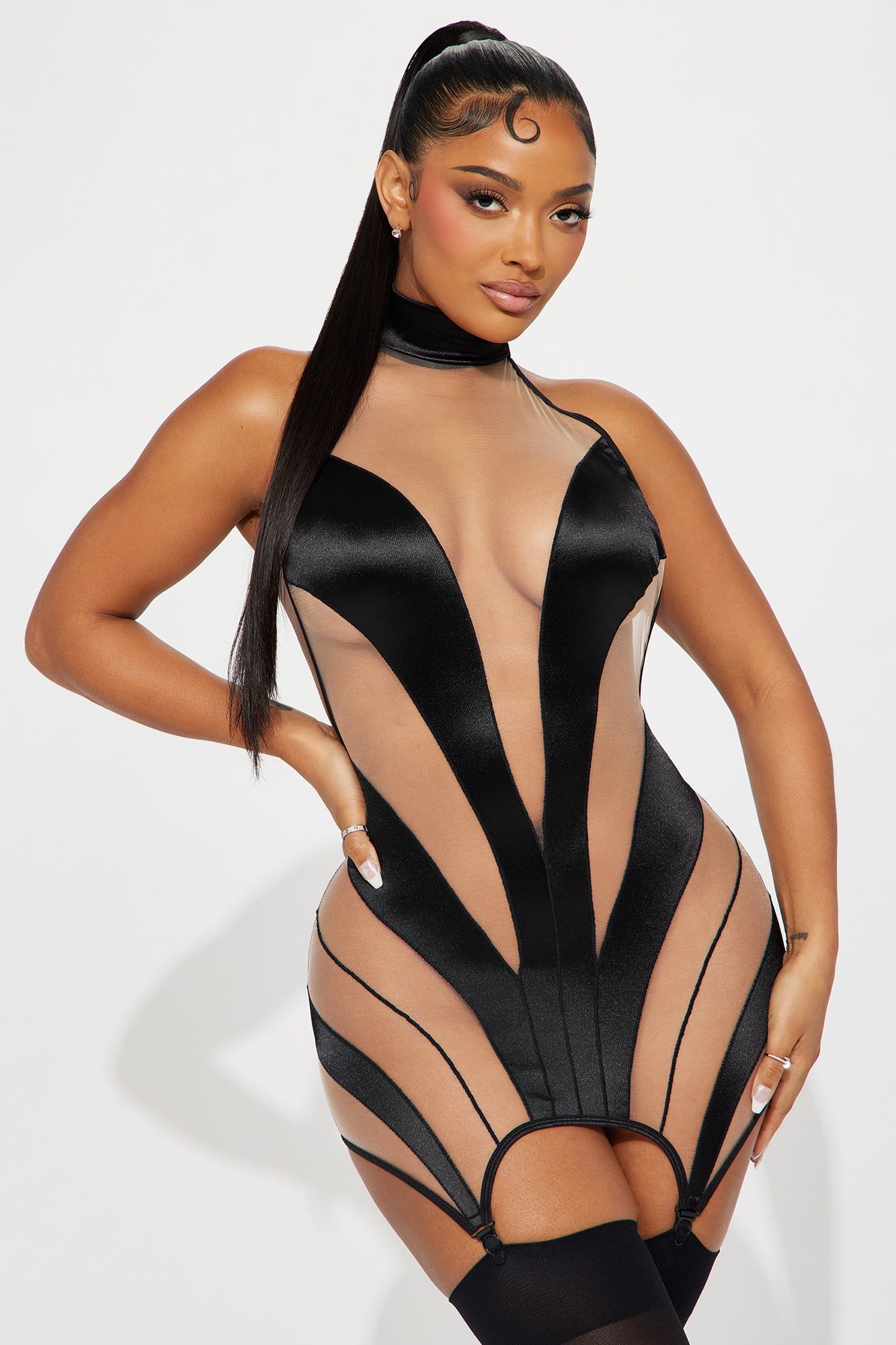 Shades Of Us Sheer Mesh Garter Chemise - Black sold by Fashion Nova