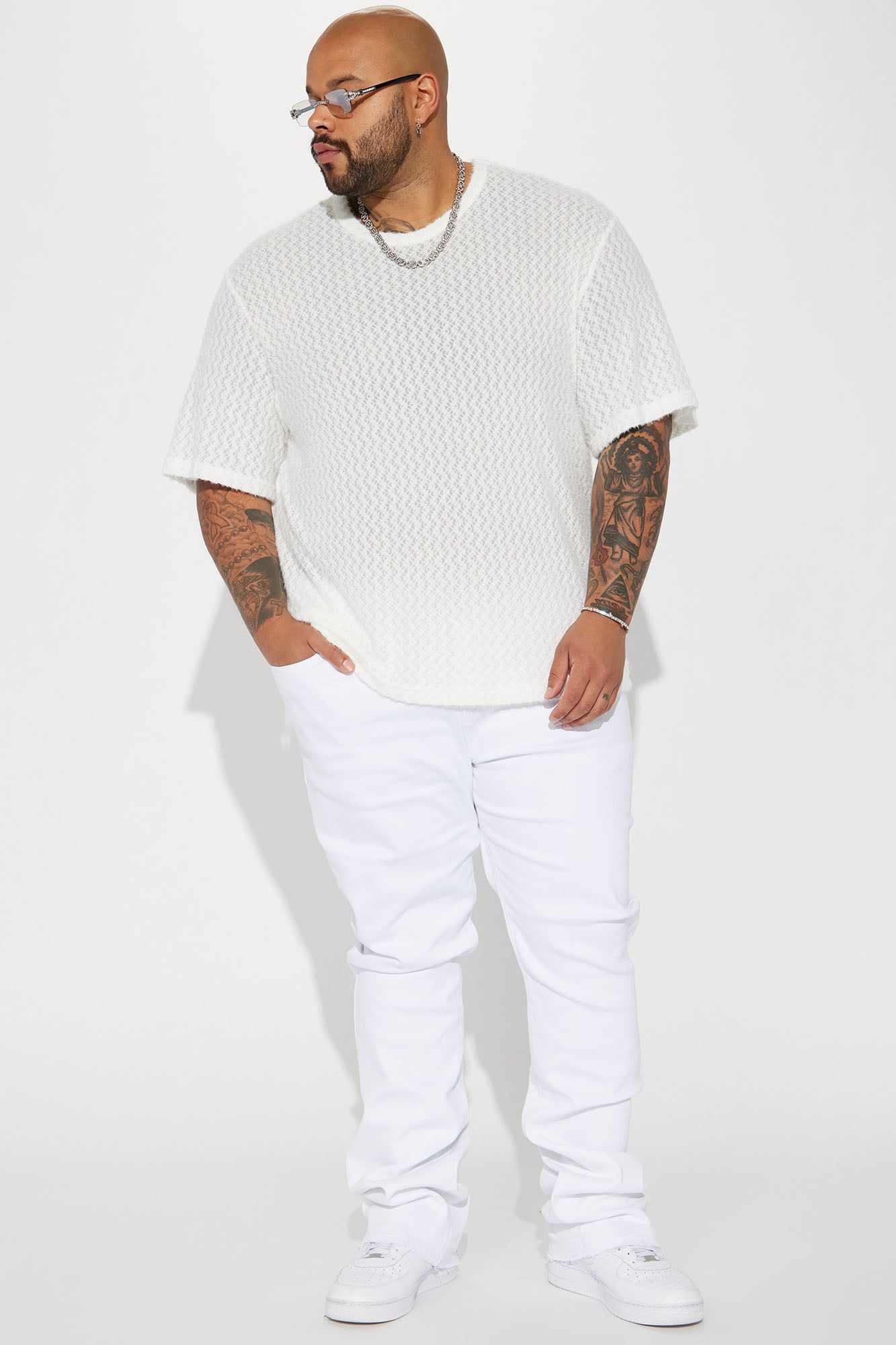 Textured Houndstooth Mesh Short Sleeve Crew Tee - Cream sold by Fashion Nova product image thumbnail 2