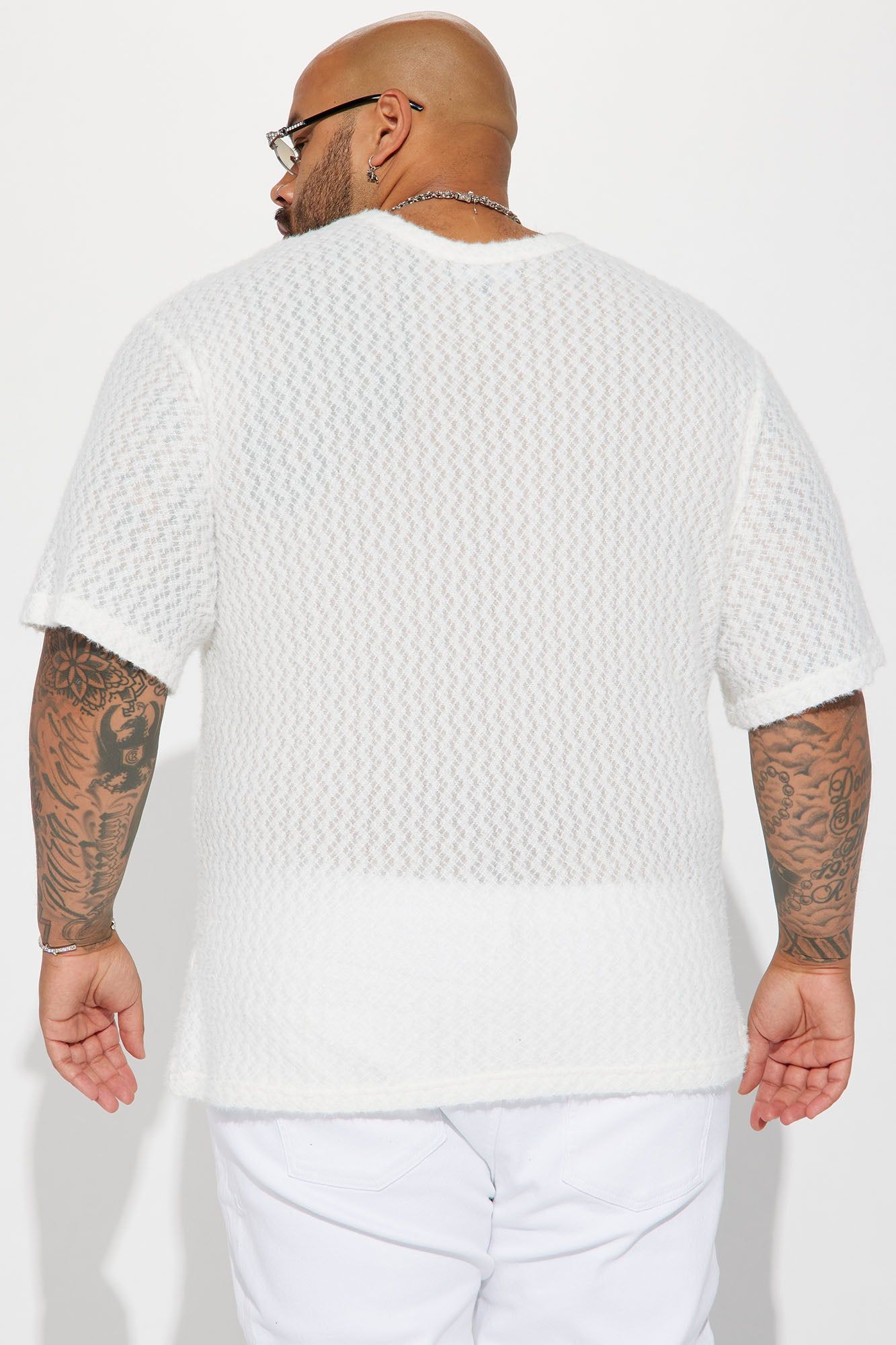 Textured Houndstooth Mesh Short Sleeve Crew Tee - Cream sold by Fashion Nova product image thumbnail 3