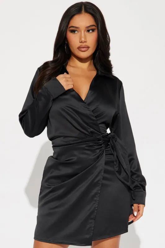 Mary Satin Shirt Dress - Black sold by Fashion Nova