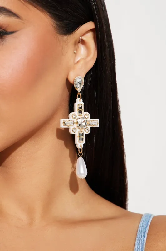 Cross Babe Drop Earrings - White sold by Fashion Nova