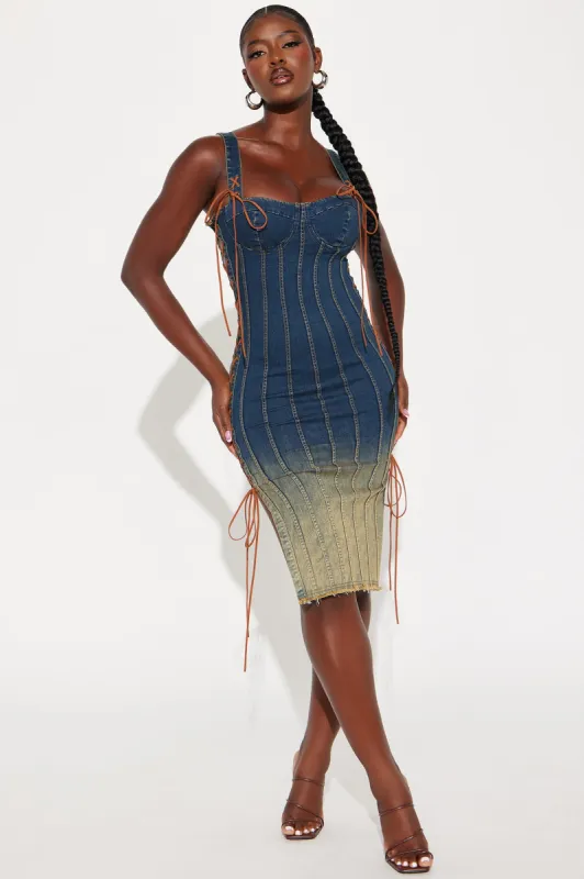 Tamren Denim Lace Up Midi Dress - Denim sold by Fashion Nova
