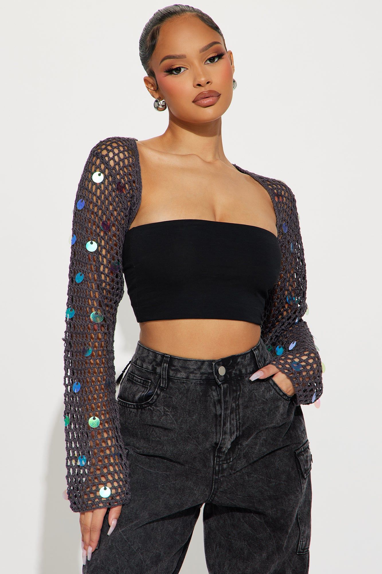 Bella Sequin Bolero Sweater - Charcoal sold by Fashion Nova