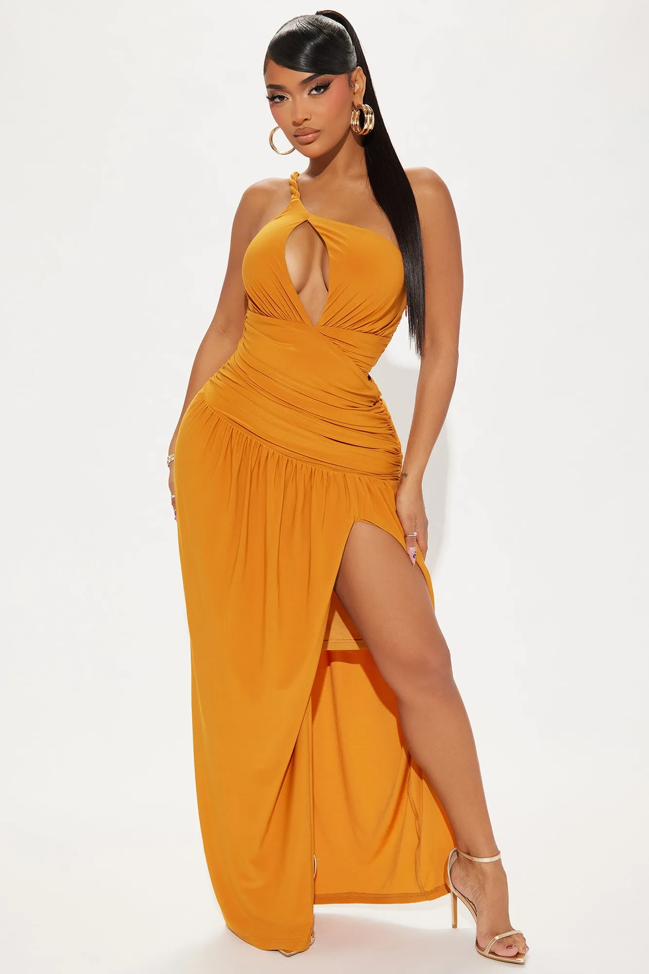 Alessia Ruched Maxi Dress - Cognac sold by Fashion Nova