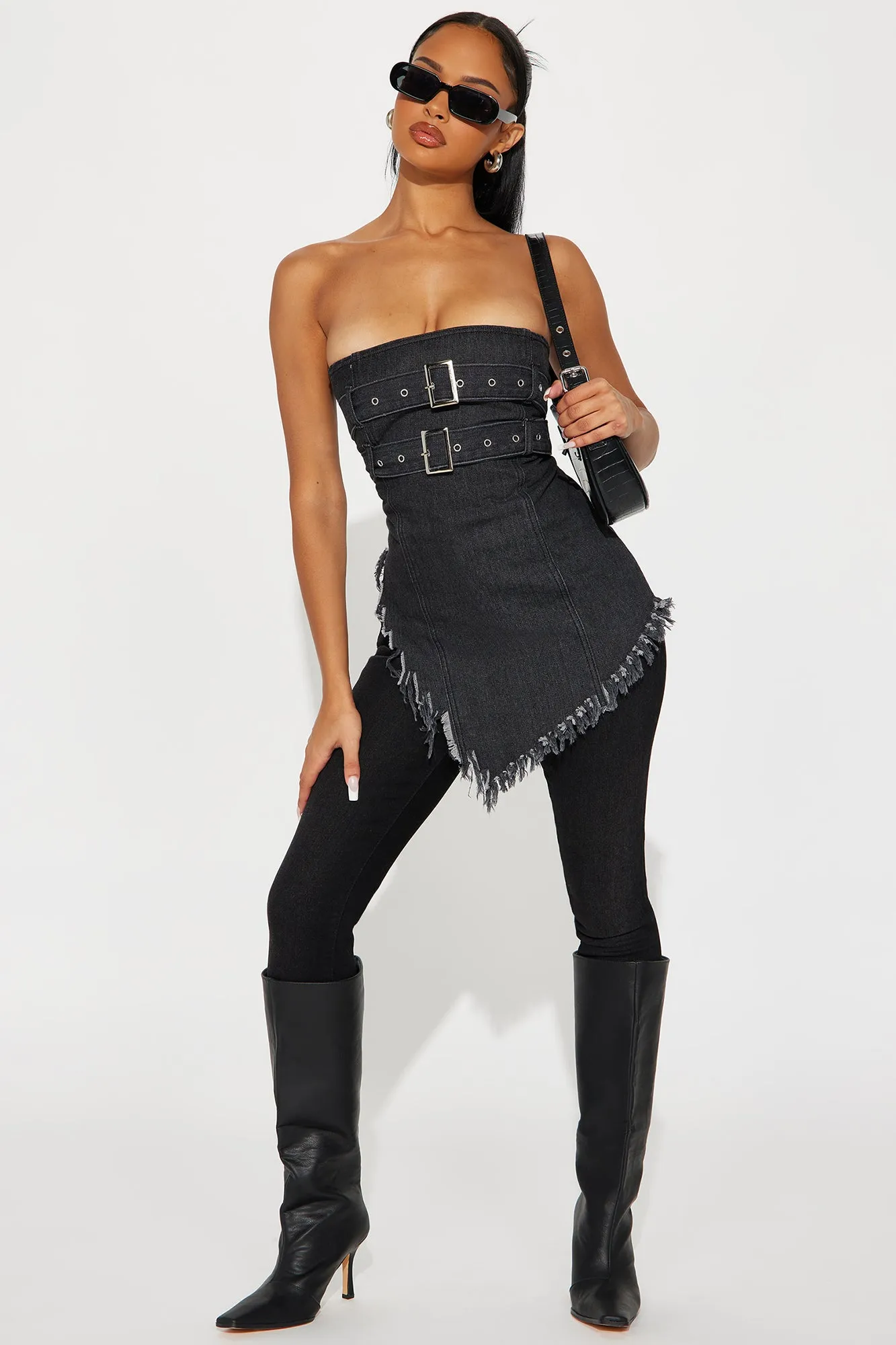 Street Smart Washed Asymmetrical Denim Top - Black Wash sold by Fashion Nova