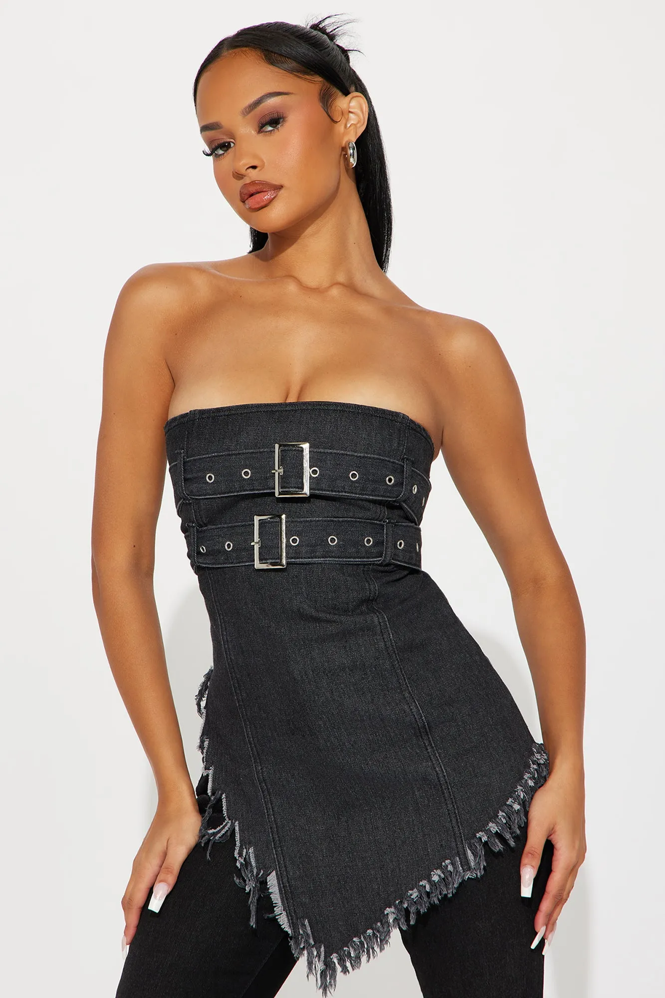 Street Smart Washed Asymmetrical Denim Top - Black Wash sold by Fashion Nova product image thumbnail 2