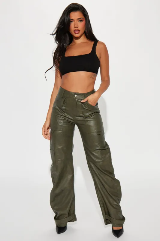 Just Checking In Washed Faux Leather Pant - Olive sold by Fashion Nova