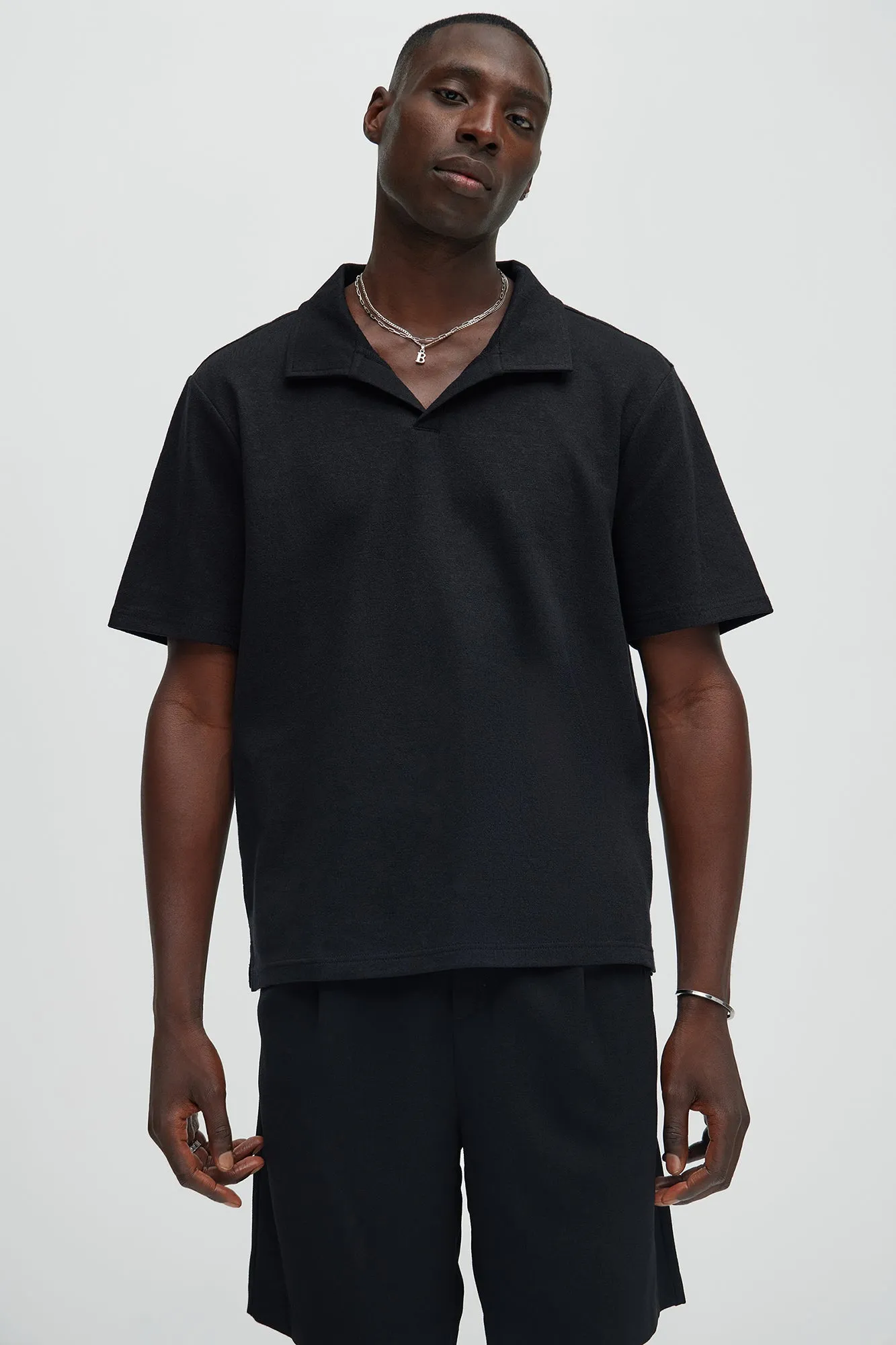 Duval Textured Knit Johnny Collar Shirt - Black sold by Fashion Nova