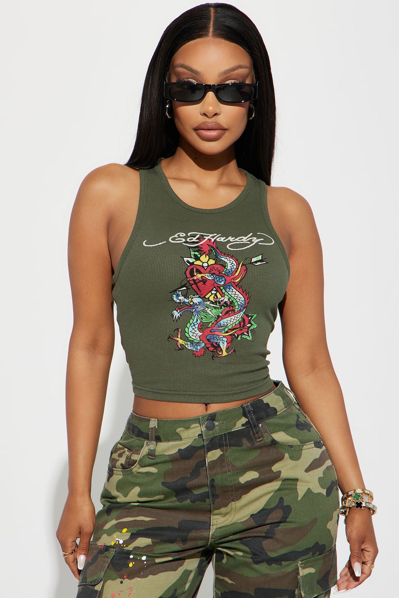 Ed Hardy Dragon Heart Tank Top - Olive sold by Fashion Nova