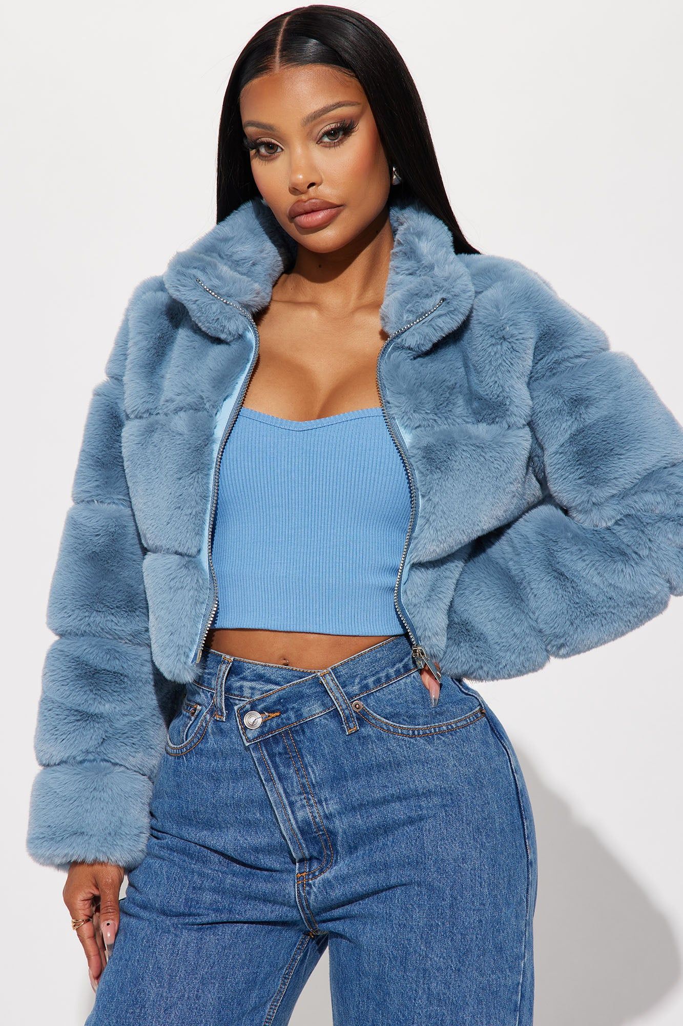 Ella Faux Fur Jacket - Slate Blue sold by Fashion Nova