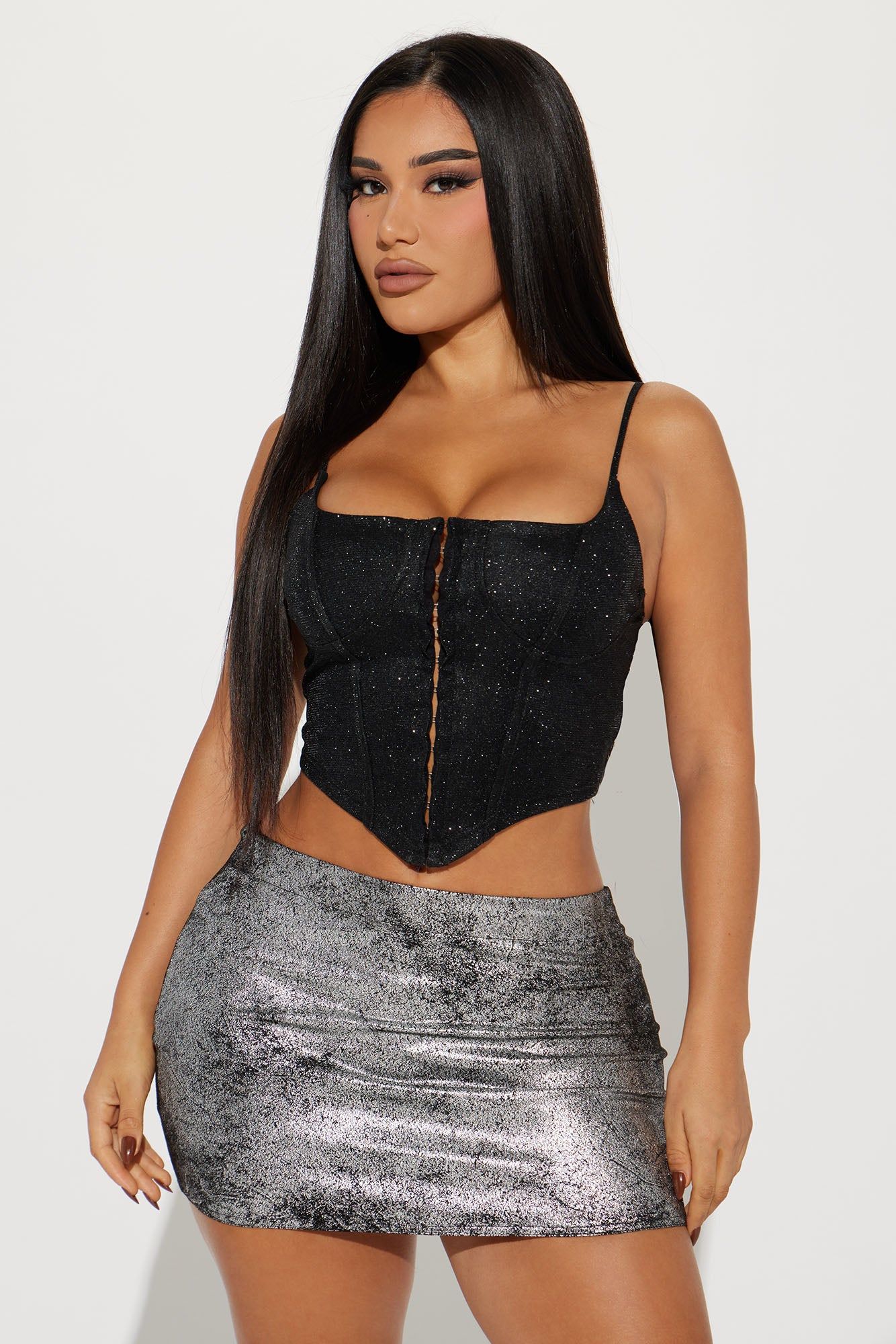 Party Never Stops Metallic Corset - Black sold by Fashion Nova