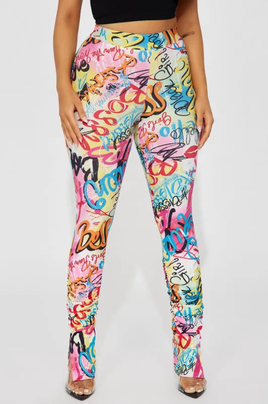 Bree Marie Graffiti Stacked Legging - Pink/combo sold by Fashion Nova