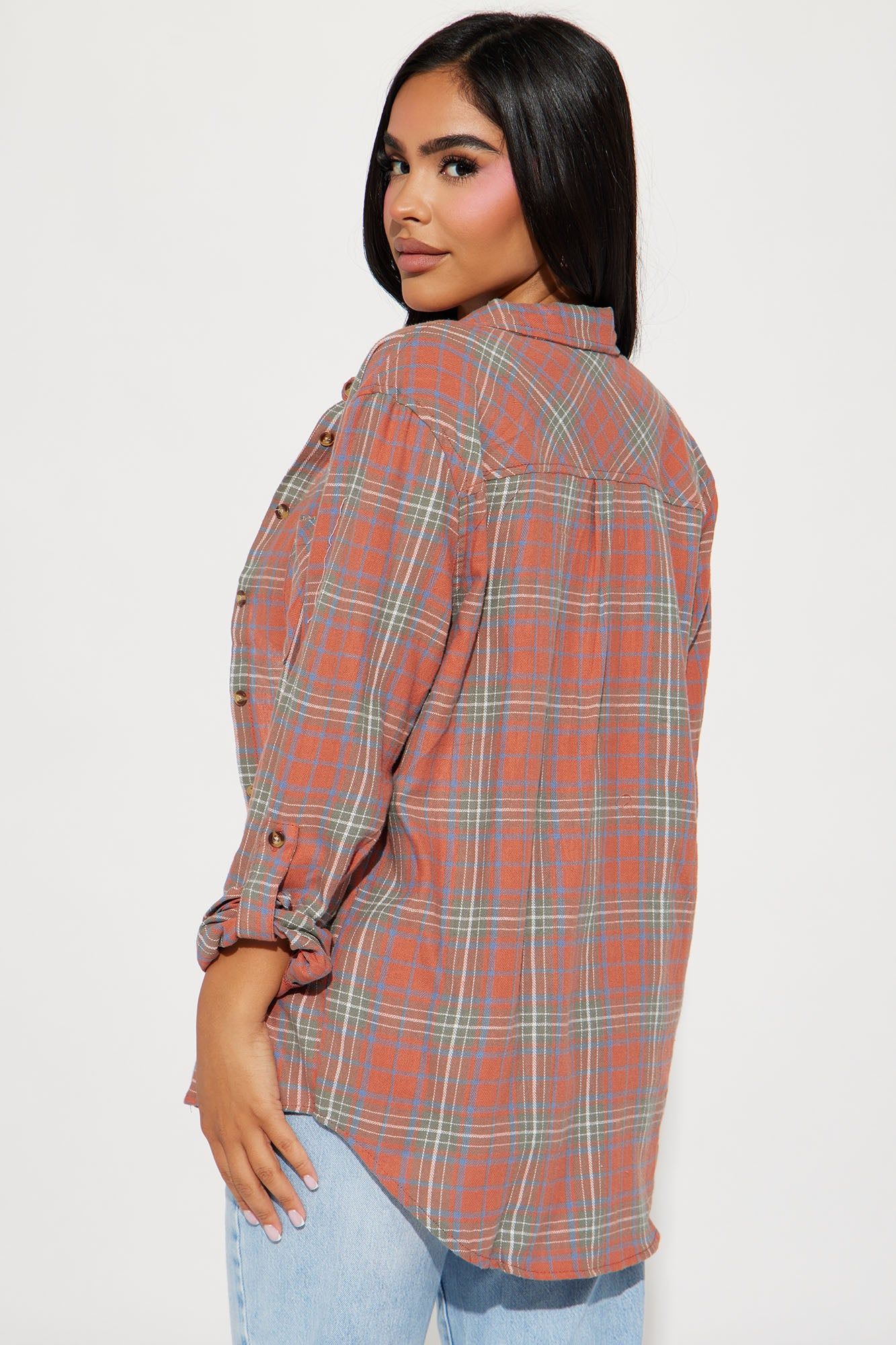 Life On The Go Plaid Shirt - Coral/combo sold by Fashion Nova product image thumbnail 3