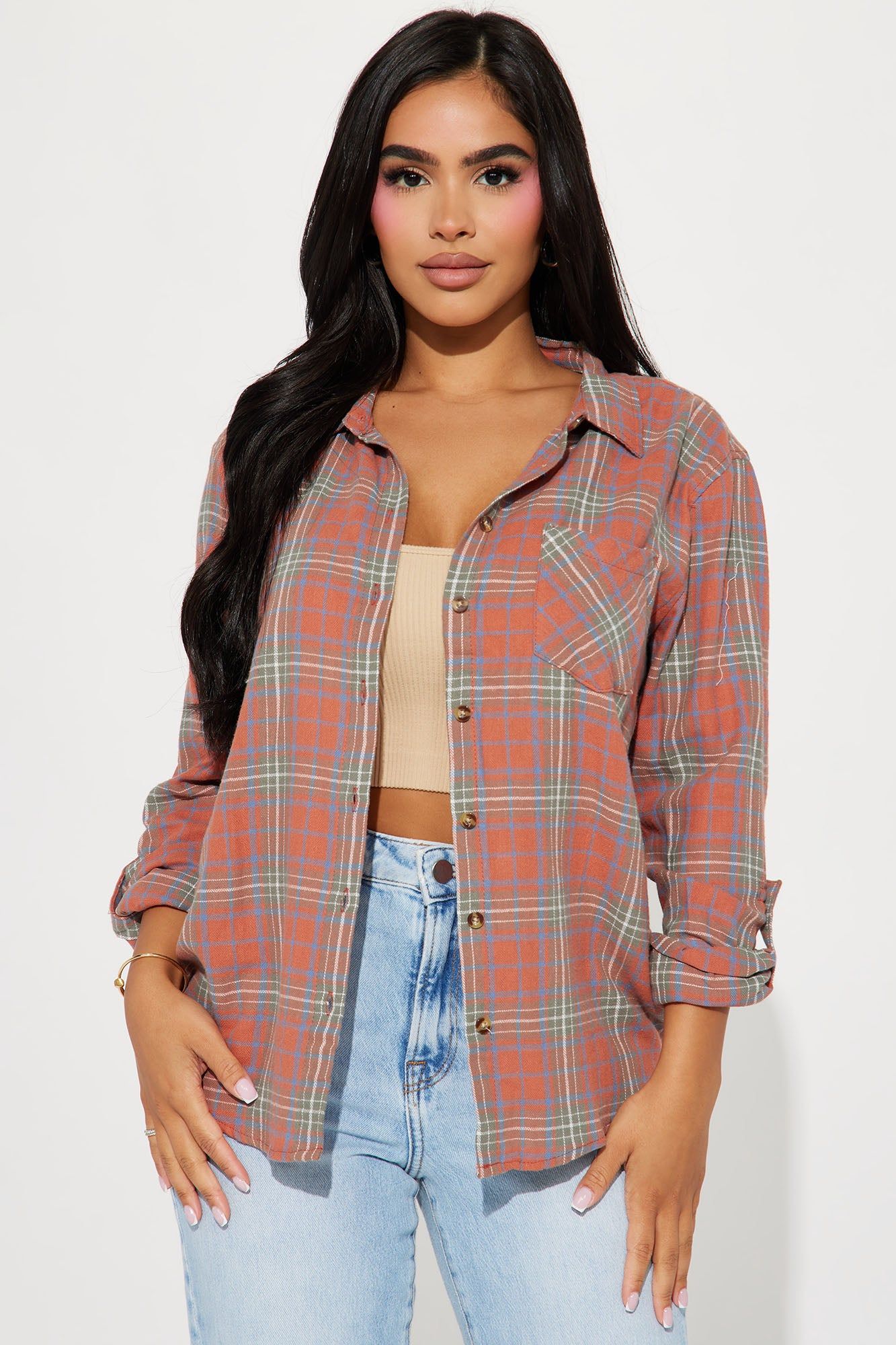 Life On The Go Plaid Shirt - Coral/combo sold by Fashion Nova