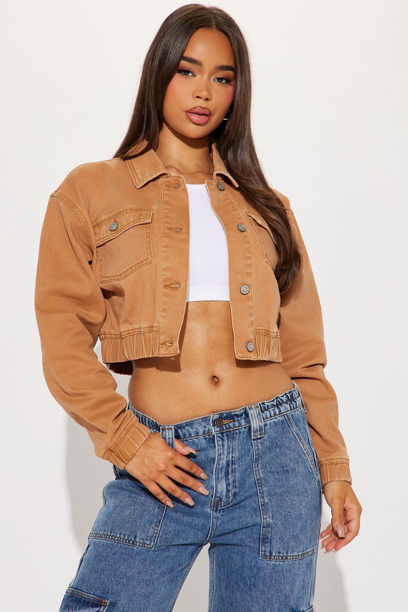 Like A Charm Denim Bomber Jacket - Tan sold by Fashion Nova