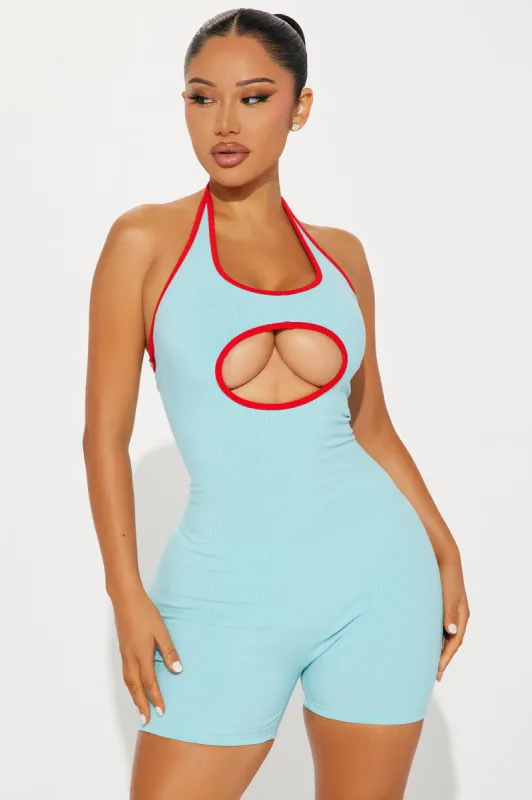 Marilyn Snatched Shortie Romper - Turquoise/combo sold by Fashion Nova
