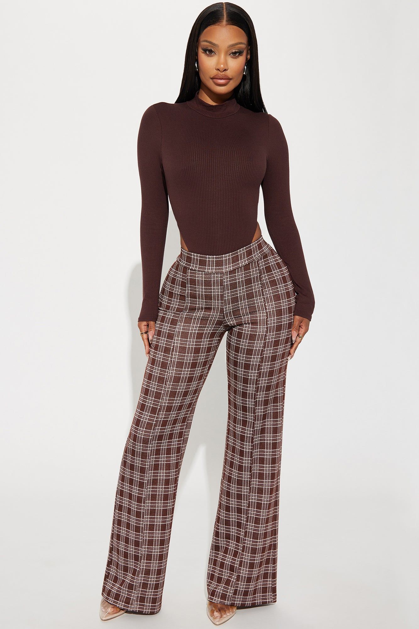 Janet Flare Pant - Chocolate/Combo sold by Fashion Nova