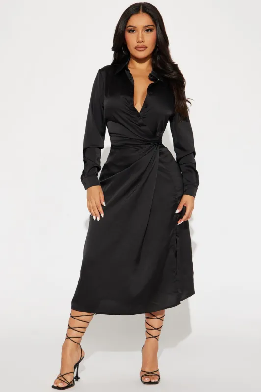 Isabella Satin Midi Dress - Black sold by Fashion Nova