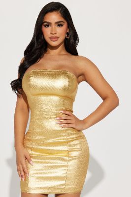 Metallic Dream Mini Dress - Gold sold by Fashion Nova