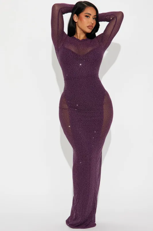 Deep Love Rhinestone Mesh Maxi Dress - Eggplant sold by Fashion Nova