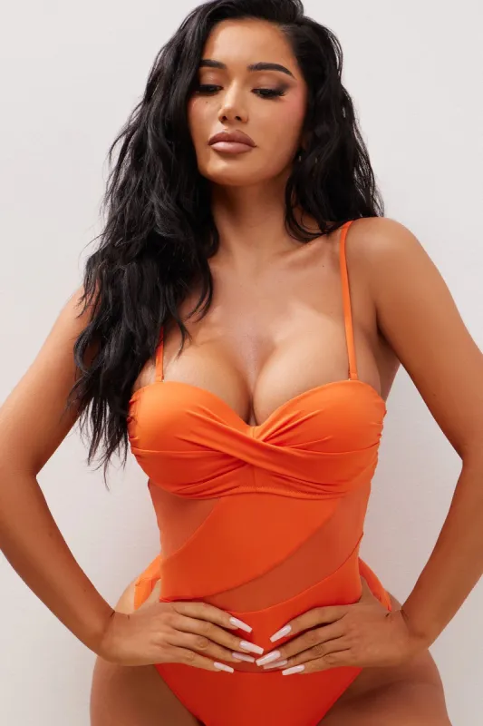 Poolside Vacation Mesh Cutout 1 Piece Swimsuit - Orange sold by Fashion Nova