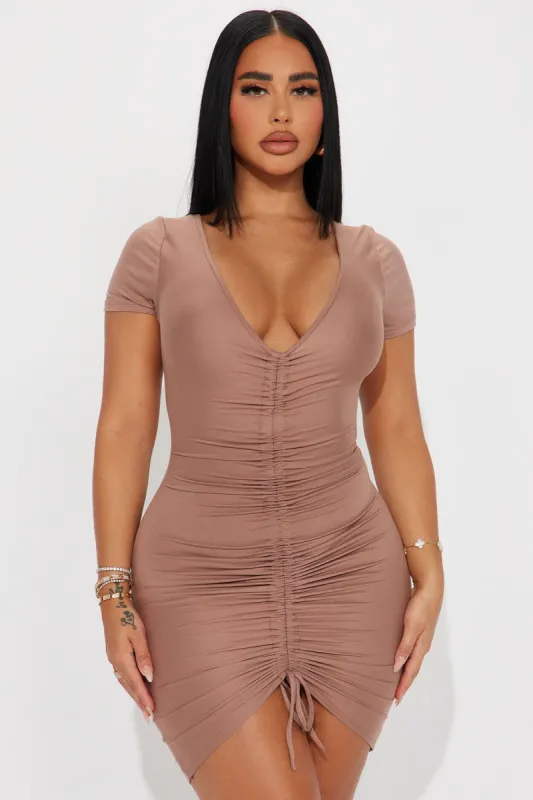 At The Office Ruched Mini Dress - Mocha sold by Fashion Nova