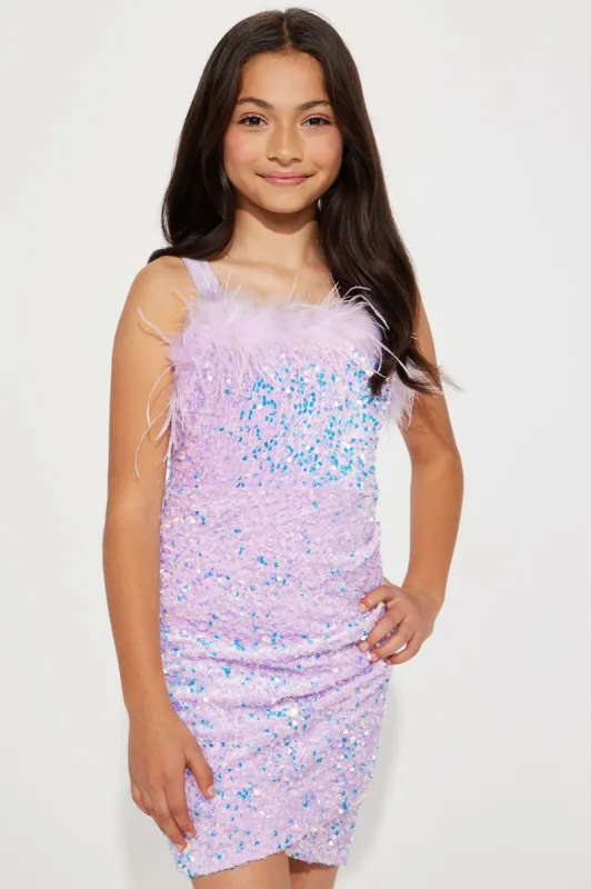 Mini Feather Bodice All Over Sequin Dress - Lilac sold by Fashion Nova