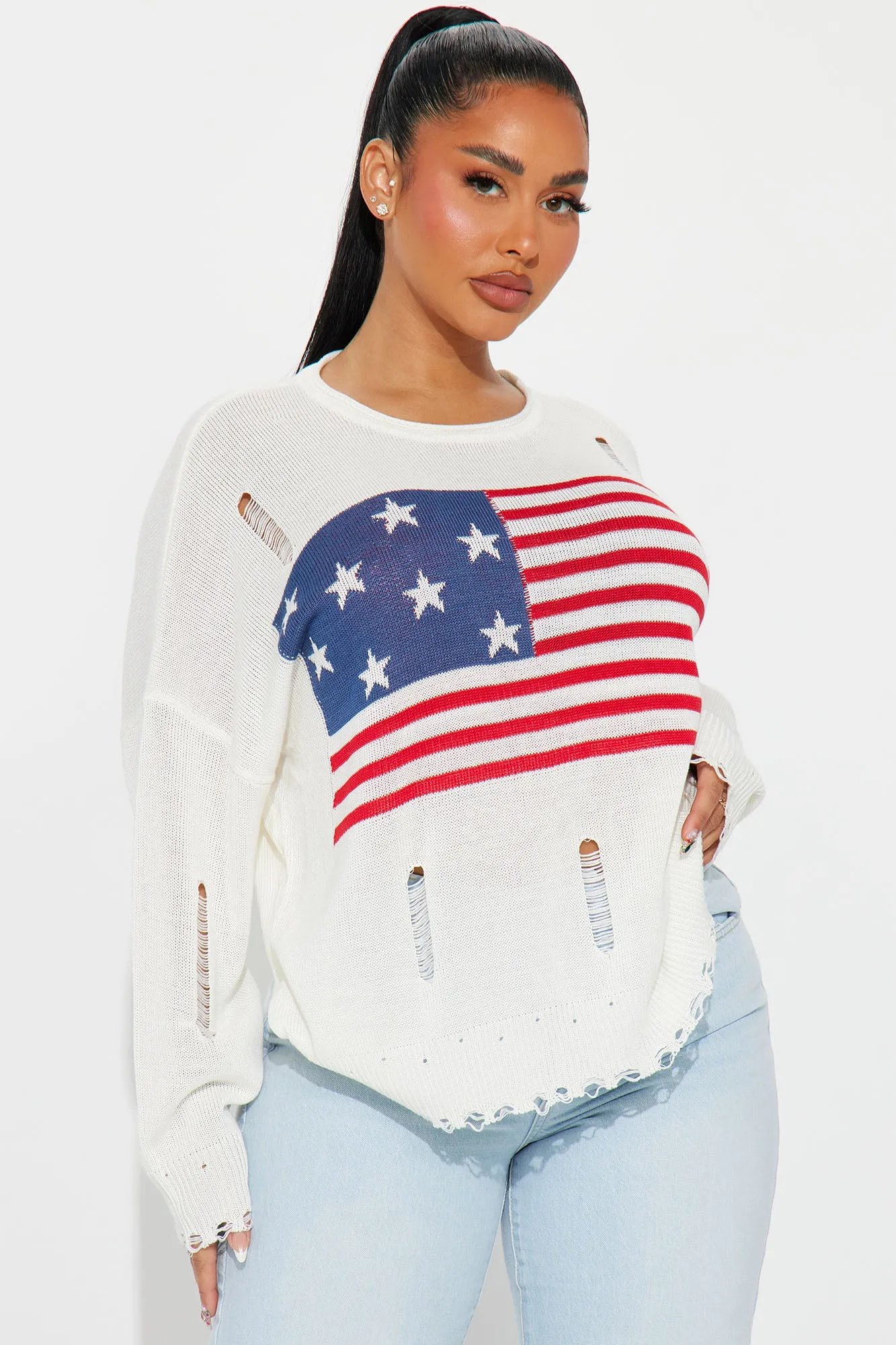 American Flag Distressed Sweater - Ivory/combo sold by Fashion Nova