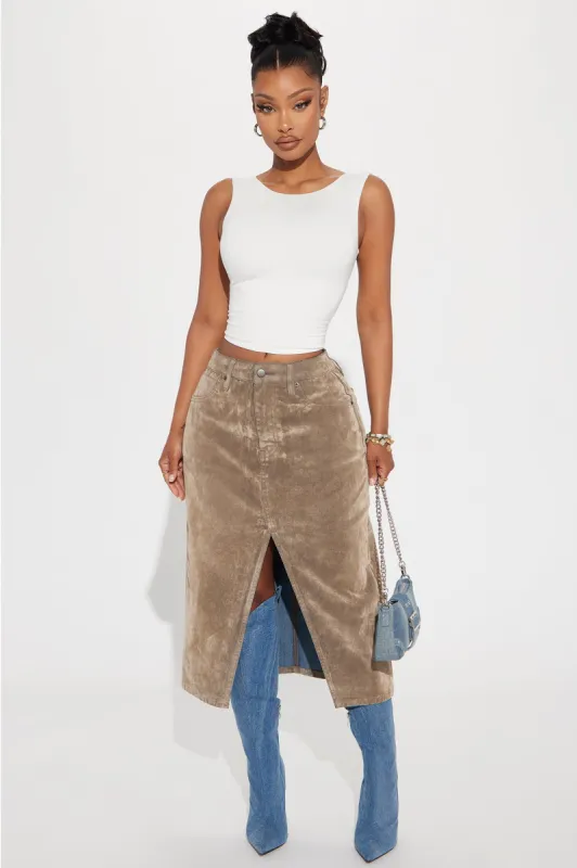 Jane Velvet Denim Midi Skirt - Brown made by Fashion Nova