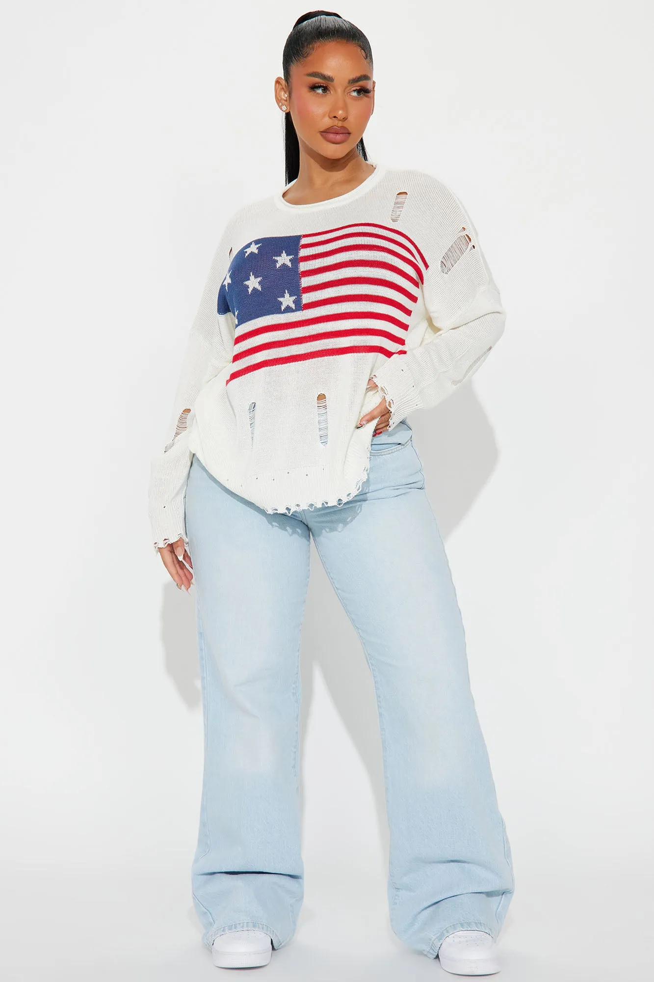American Flag Distressed Sweater - Ivory/combo sold by Fashion Nova product image thumbnail 3