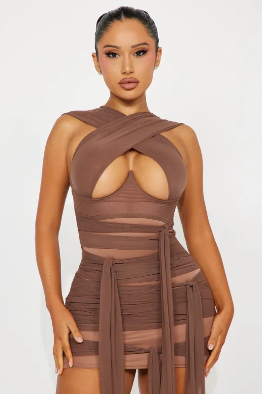 Tied To You Mesh Micro Mini Dress - Brown sold by Fashion Nova