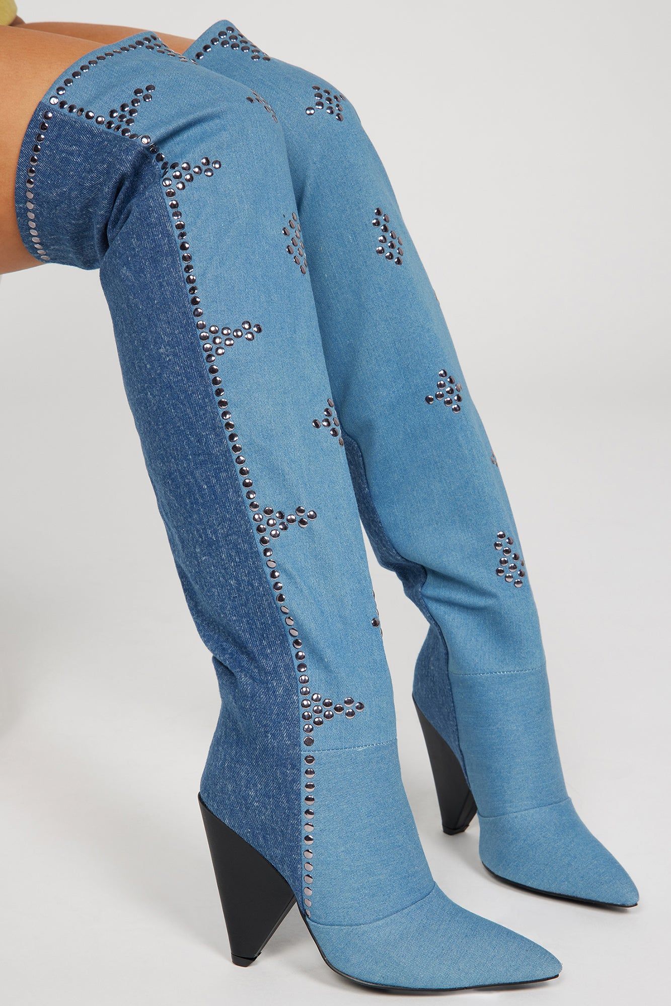 Came To Win Over The Knee Heeled Boots - Denim sold by Fashion Nova