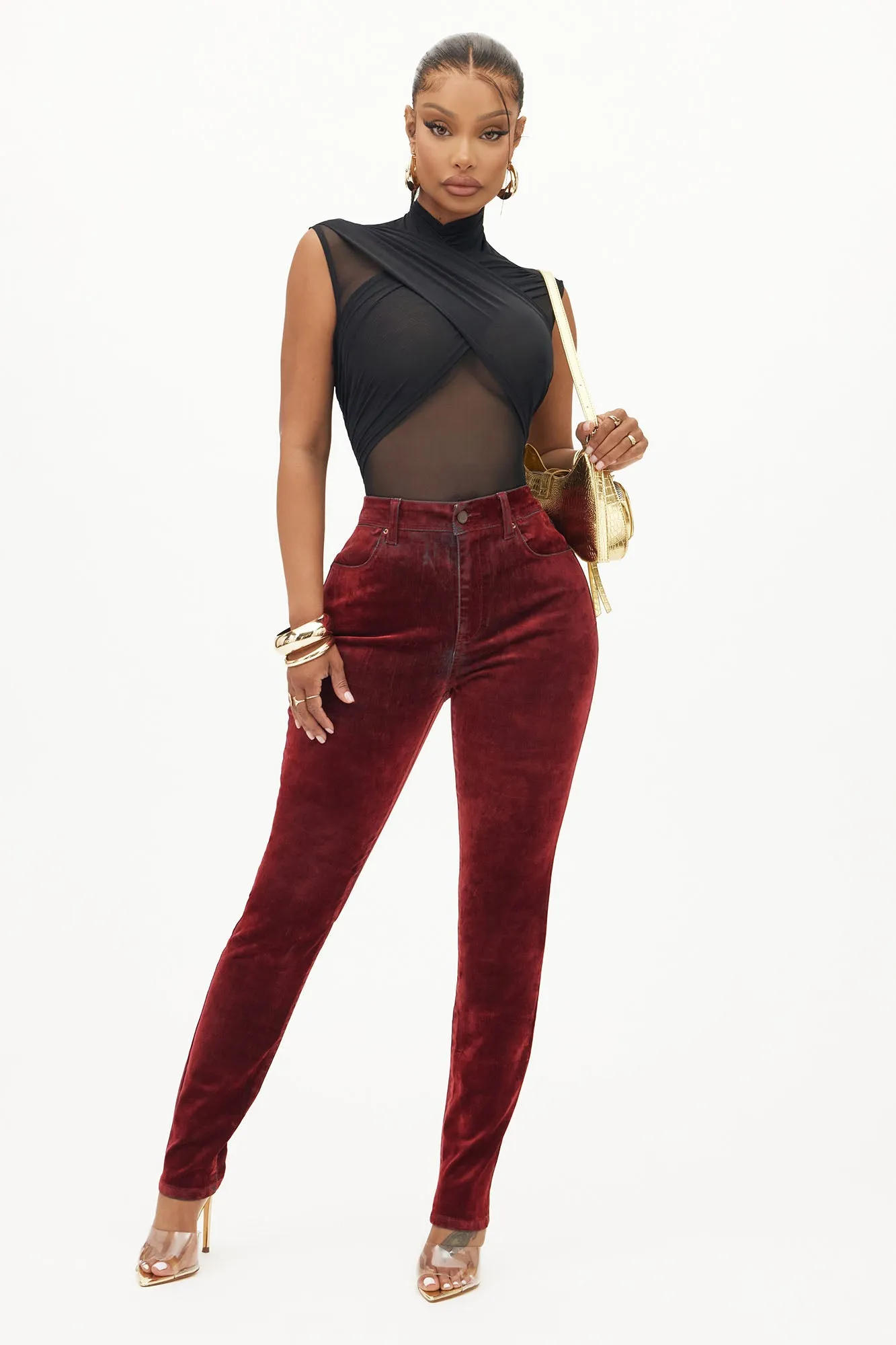 Feeling Fine Flocked Stretch Skinny Jeans - Red sold by Fashion Nova