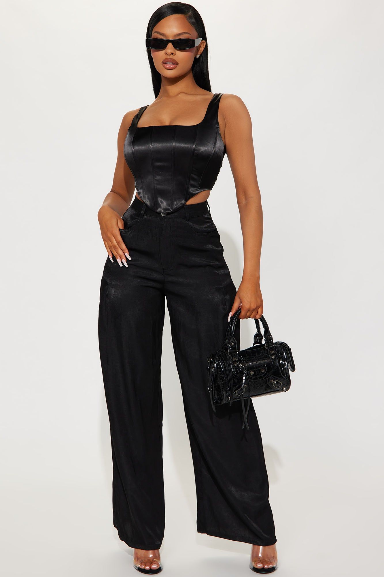 Daydream Wide Leg Satin Pant - Black sold by Fashion Nova