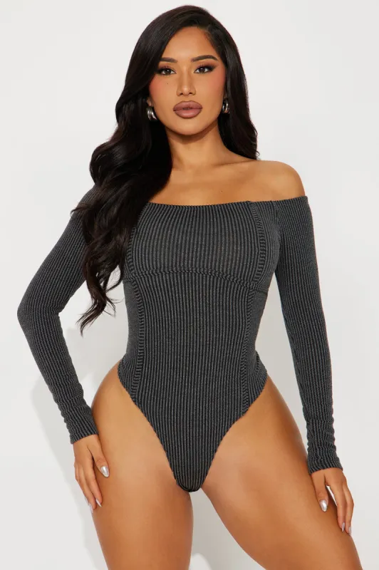 Monnet Ribbed Bodysuit - Charcoal sold by Fashion Nova