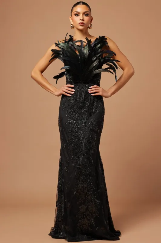 Raven Feather Sequin Gown - Black made by Fashion Nova