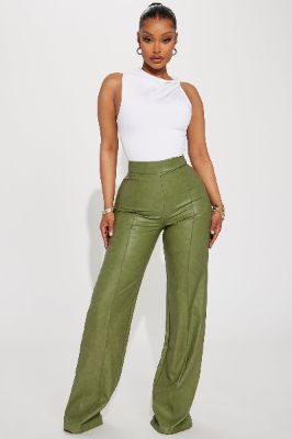Victoria High Waisted Washed Faux Leather Dress Pants - Olive made by Fashion Nova