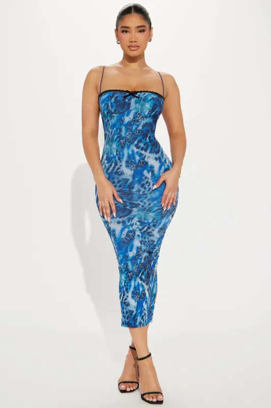 Avery Mesh Leopard Midi Dress - Blue sold by Fashion Nova