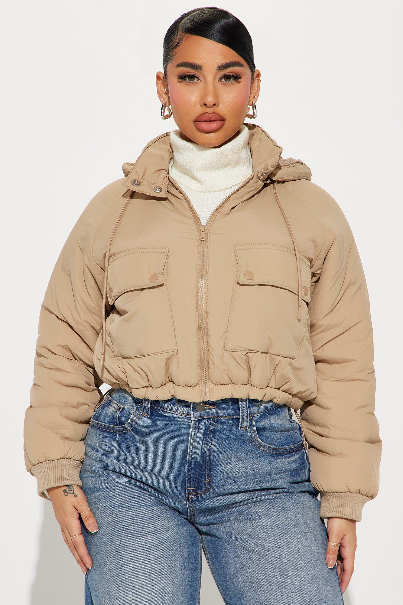 Giving You The Cold Shoulder Puffer Jacket - Khaki sold by Fashion Nova