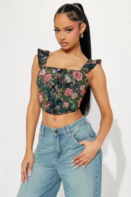 Fancy Feel Floral Jacquard Corset Top - Black/combo sold by Fashion Nova