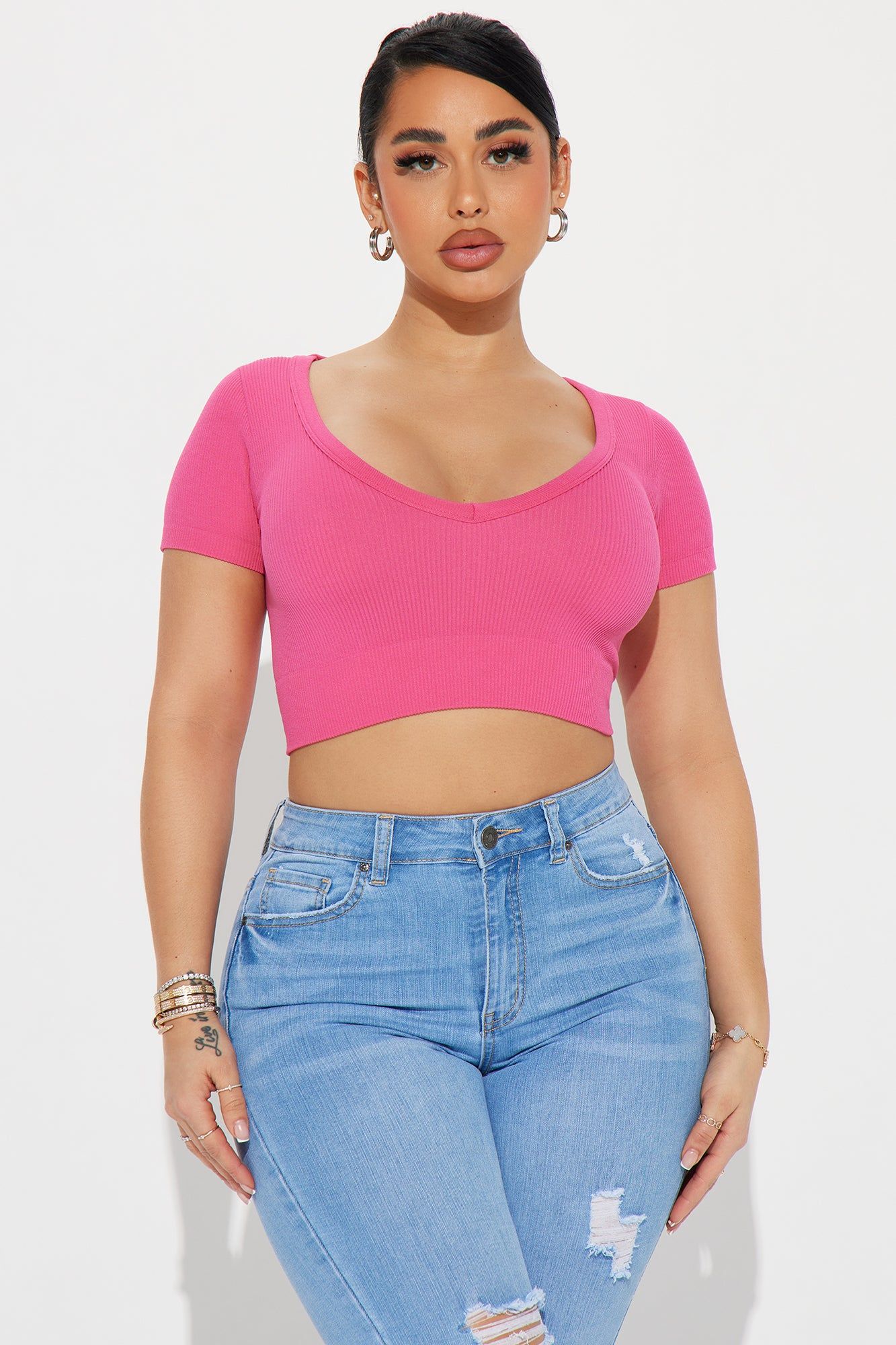 Selena Seamless V-Neck Tee - Fuchsia sold by Fashion Nova