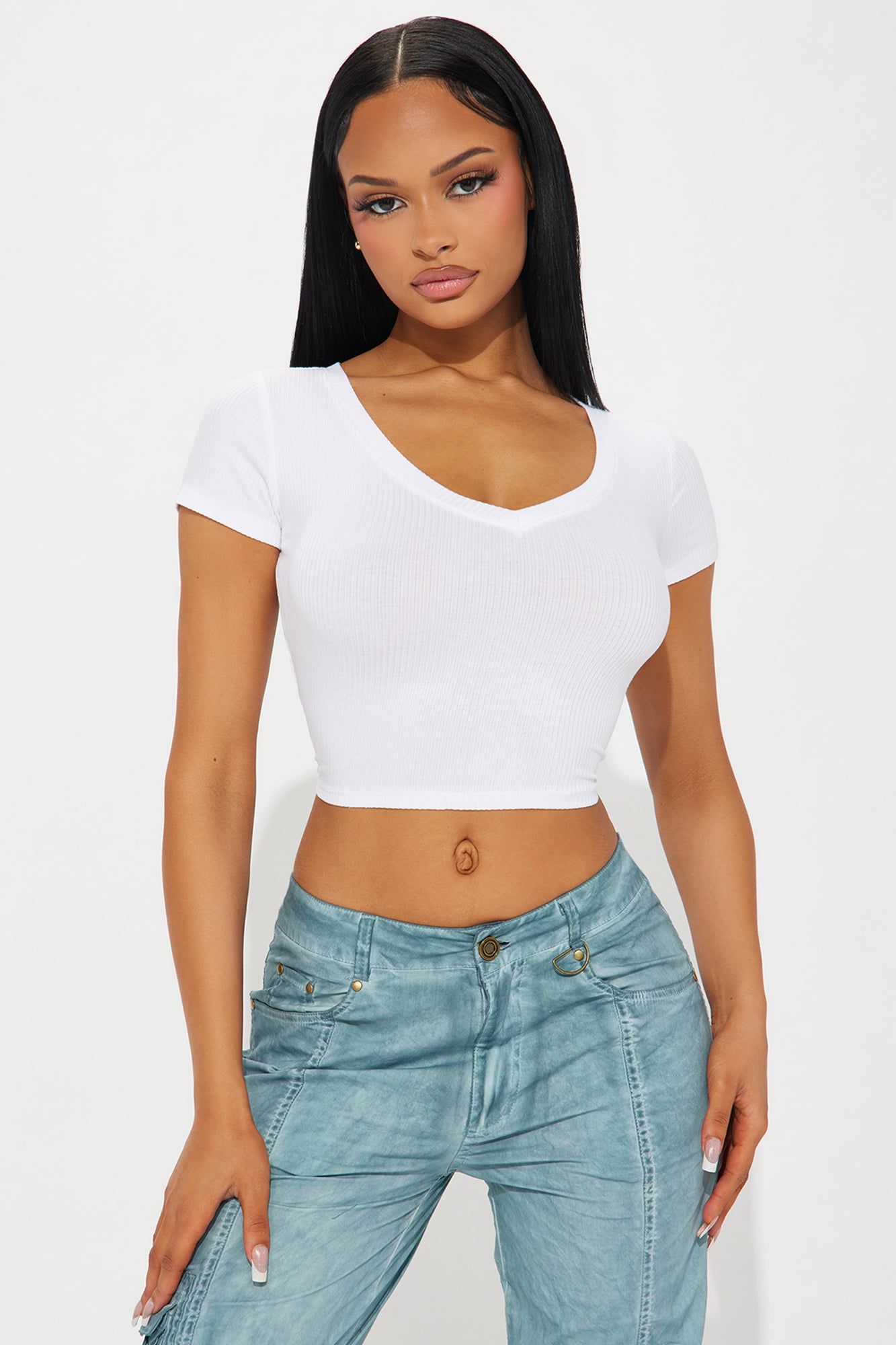 Valerie V-Neck Ribbed Tee - White sold by Fashion Nova
