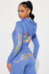 Ed Hardy Lotus Love Zip Front Hoodie - Blue sold by Fashion Nova