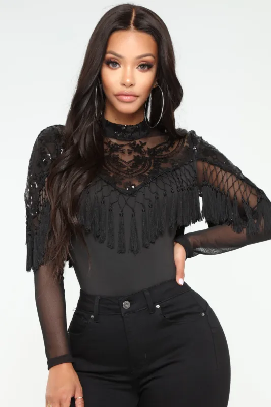 Don't Stop The Music Bodysuit - Black sold by Fashion Nova